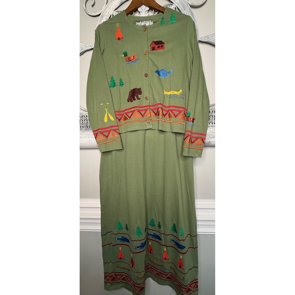 Michael Simon Lite Womens Green Embroidered Camp Cabin Maxi Dress Cardigan Set L